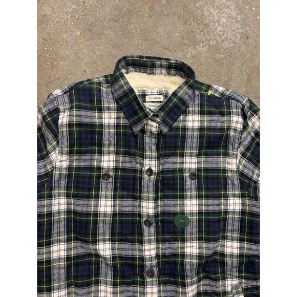 LL Bean Scotch Plaid Sherpa Lined Flannel Shirt Jacket Women’s XS Green Blue NWT - Picture 7 of 8